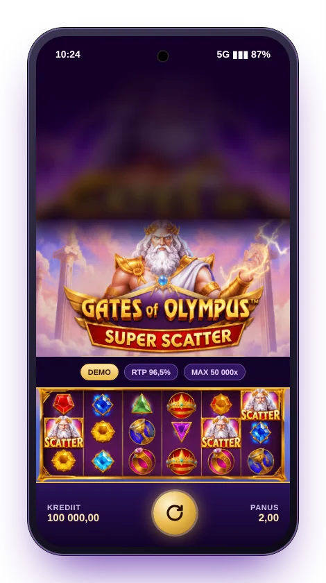 Gates of Olympus Super Scatter Android-telefonis püstpaigutuses demorežiimis
